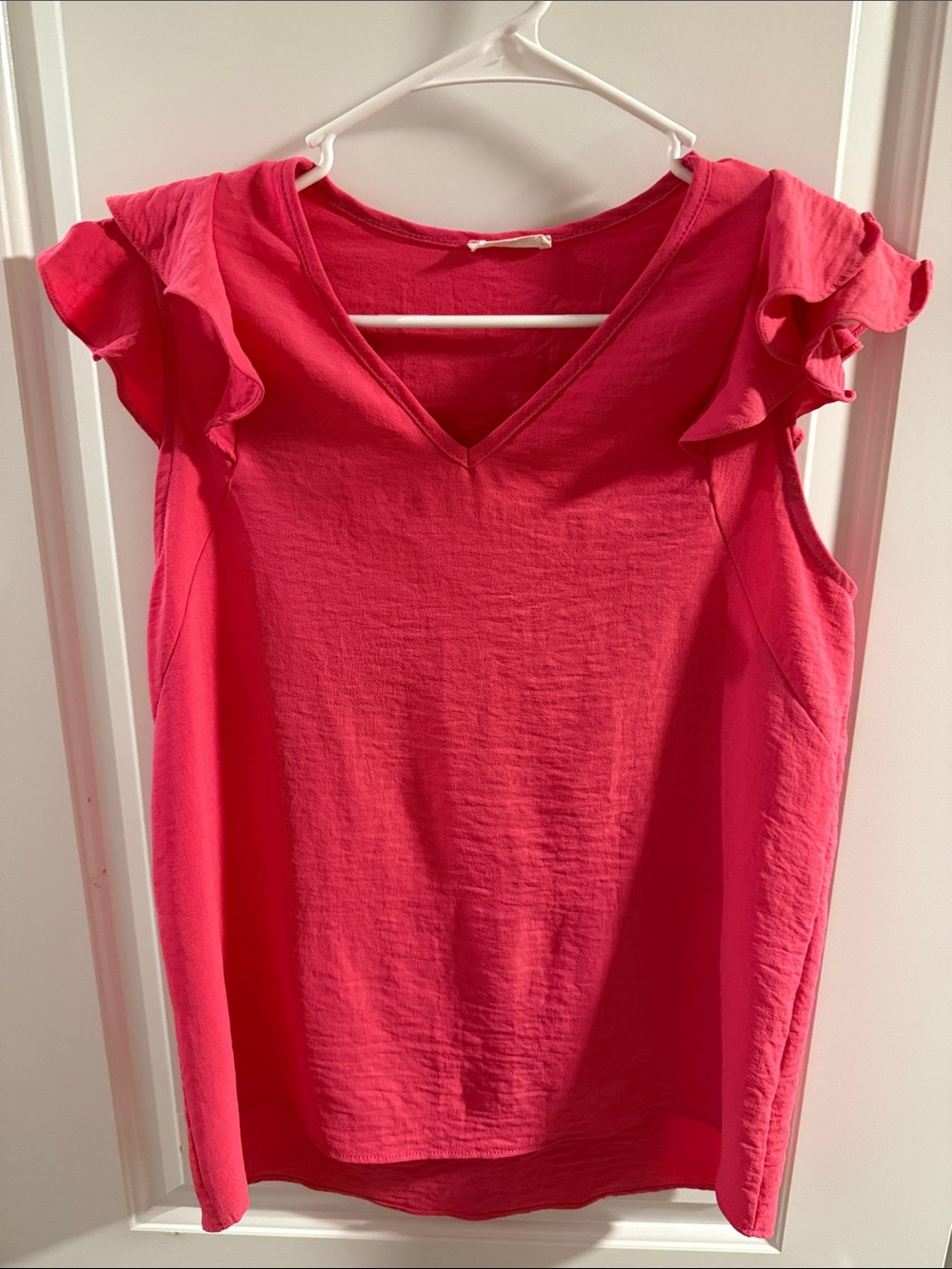Les Amis Sleeveless V-Neck Ruffle Shoulder Blouse - Bright Pink